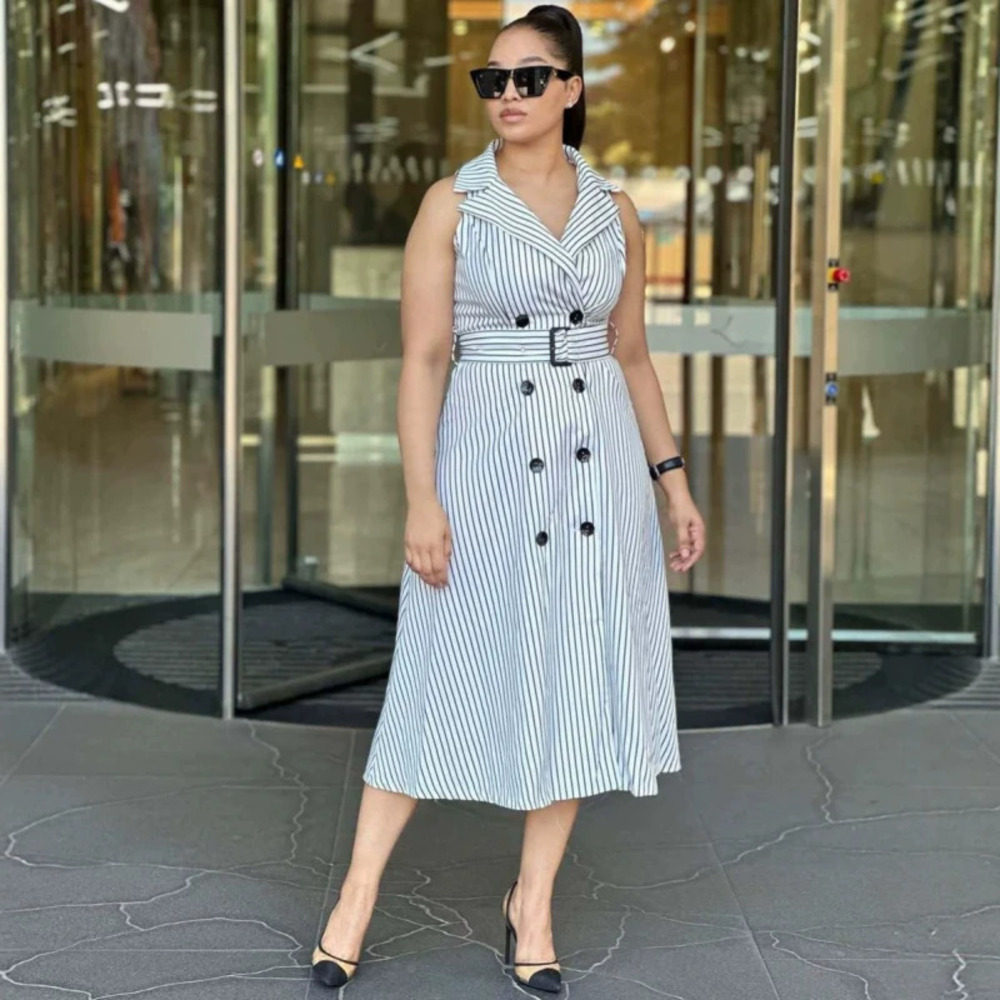Chic Striped Sleeveless Midi Dress Waist Slimming Notch Lapel African Style
